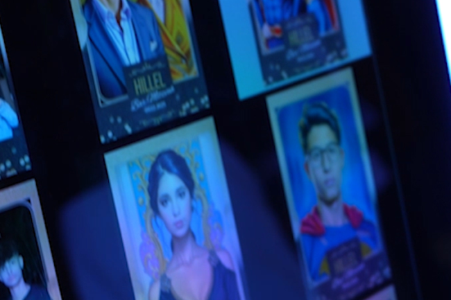 AI Transform photo booth display featuring artistic portraits of guests with imaginative styles and vibrant colors, showcasing personalized visual experiences.